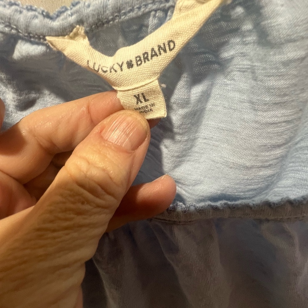 Lucky Brand XL Blue Embroidered Peasant Blouse Boho Cotton Top - Picture 5 of 7